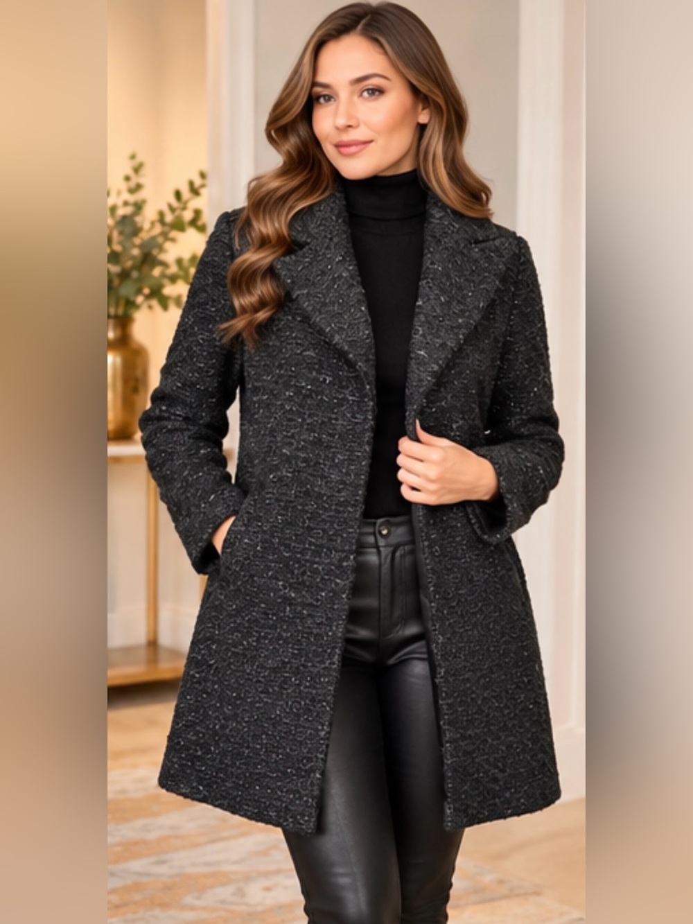 DKNY Jeans Metallic Bouclé Tweed Coat Black Charcoal M